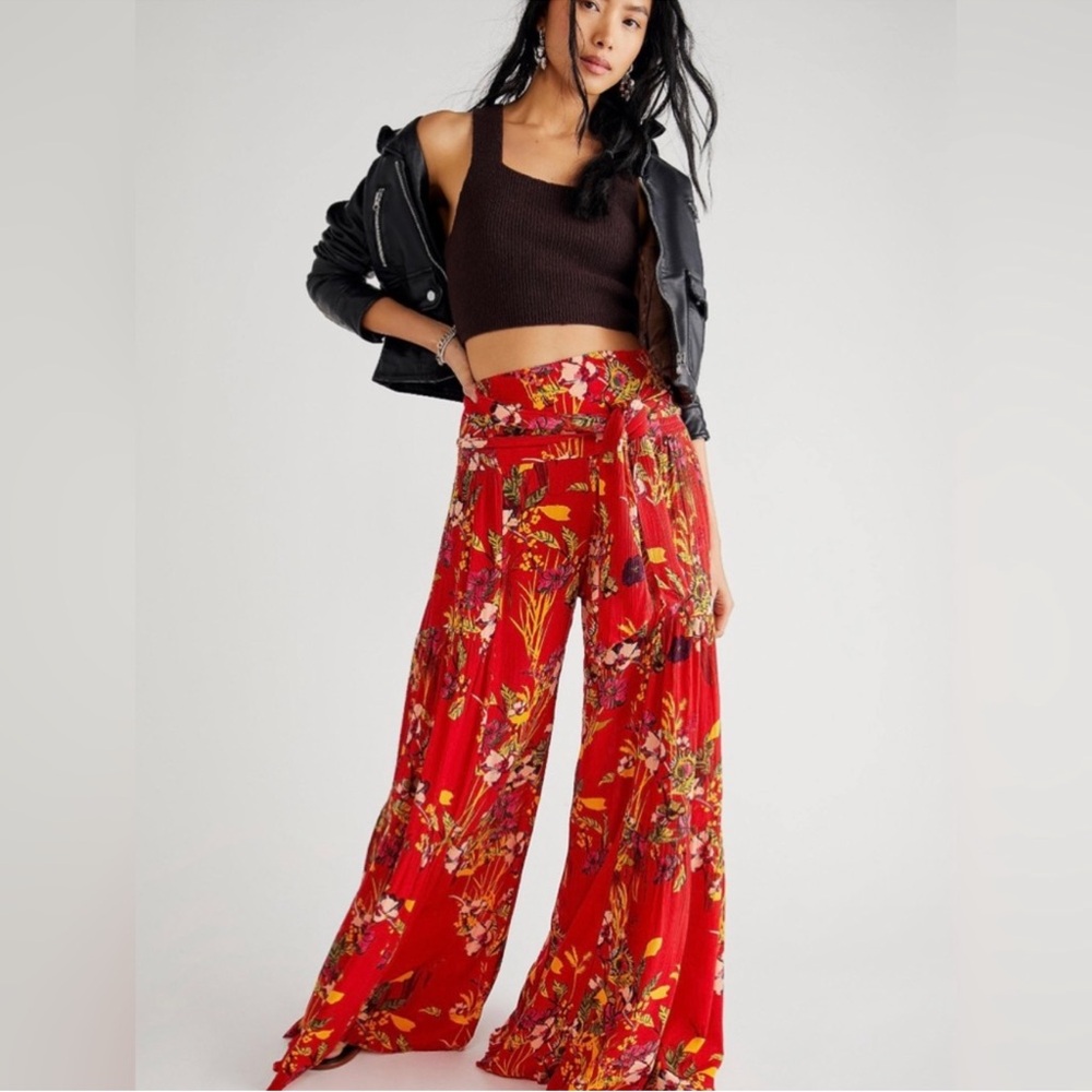 Free People Red Floral Wide-Leg Pants